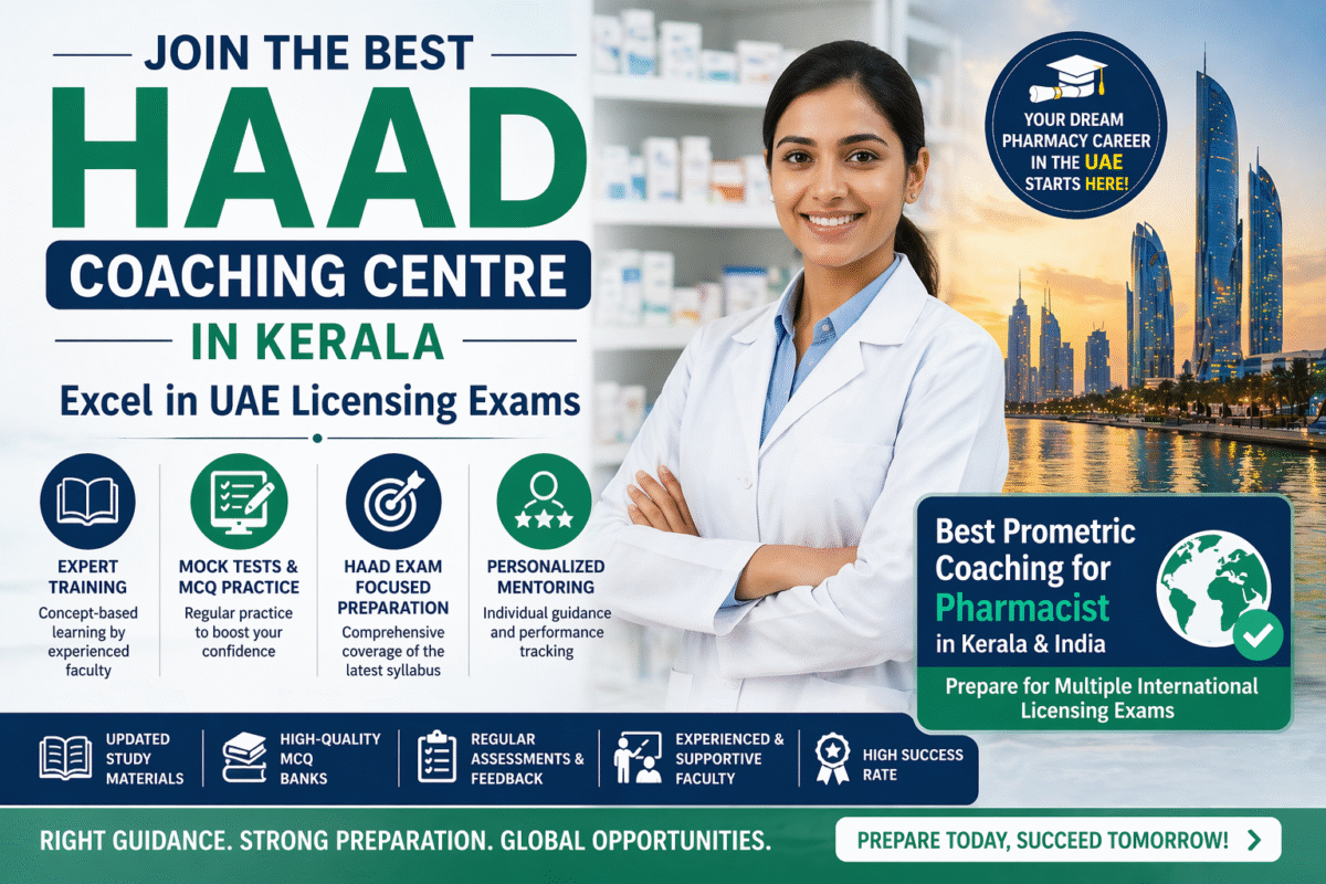 Join the best HAAD Coaching Centre in Kerala and excel in UAE licensing exams. Get expert training, mock tests, and top Prometric coaching for pharmacists in India.